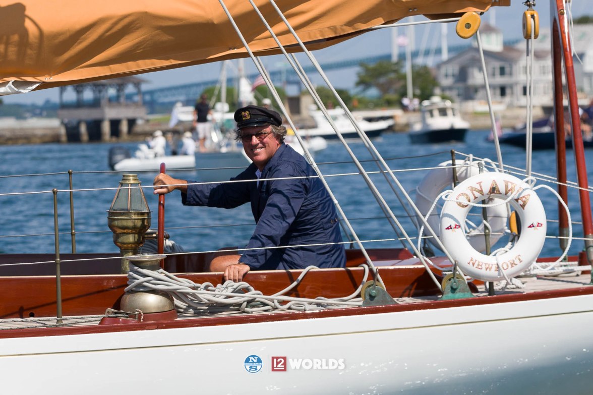 Earl McMillen at the helm of Onawa during the 12mR Parade of Sail at the 2019 12mR World Championship, Newport, RI