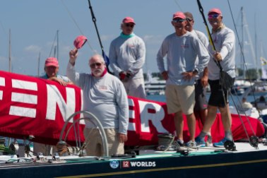 Dick Enersen (at helm) and crew raced Defender (US-33) at 12mR World Championship at Newport, RI ~ photo by: Ian Roman